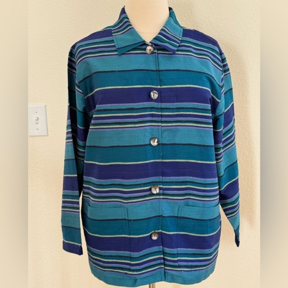Chico’s Silk Teal and Navy Striped Women's Jacket size 16 (Chico’s size 3)